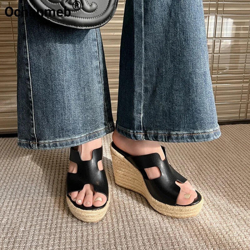 

Ochanmeb Real Cow Leather Women Espadrilles Slipper Wedge Heels Sliders Platform Peep Toe Summer Sandals Black Beige Mules 33-43