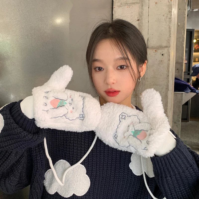 

Плюшевые перчатки с мультяшной вышивкой для женщин, милые зимние теплые и непромокаемые перчатки для женщин, уличные велосипедные перчатки с несколькими пальцами