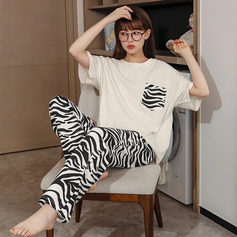 

Summer Loungewear Women Pijamas Cotton Shorts Texture Cotton Zebra Pattern Young Ladies Korean Pajamas Fashion Woman Pyjama Set