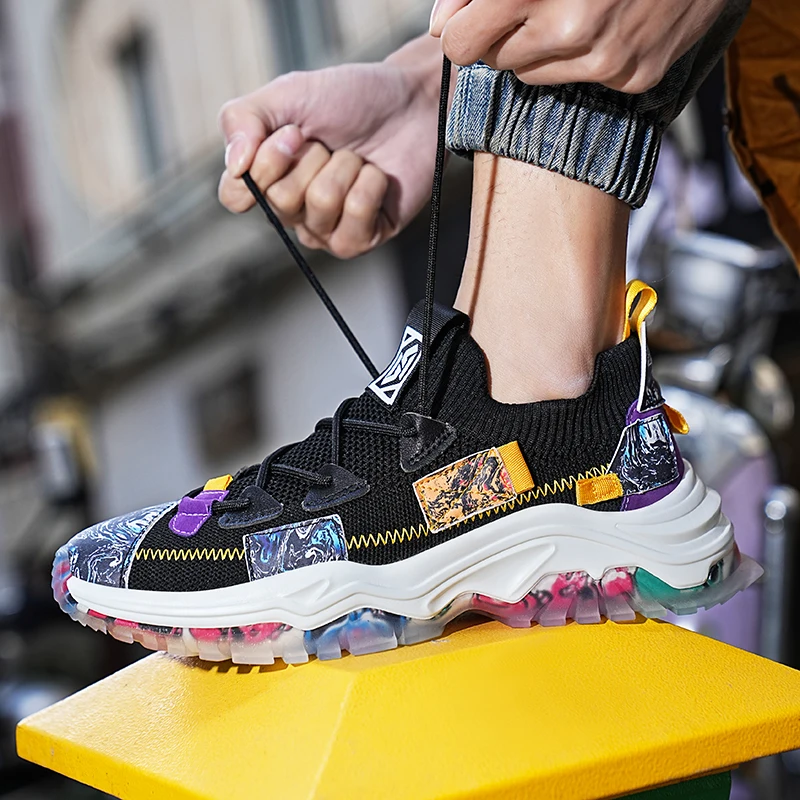 High quality Knit Chunky Mens Sports Shoes Breathable Training Sneakers Man Fashion Comfortable Jelly Shoes Men Big Size 39-46