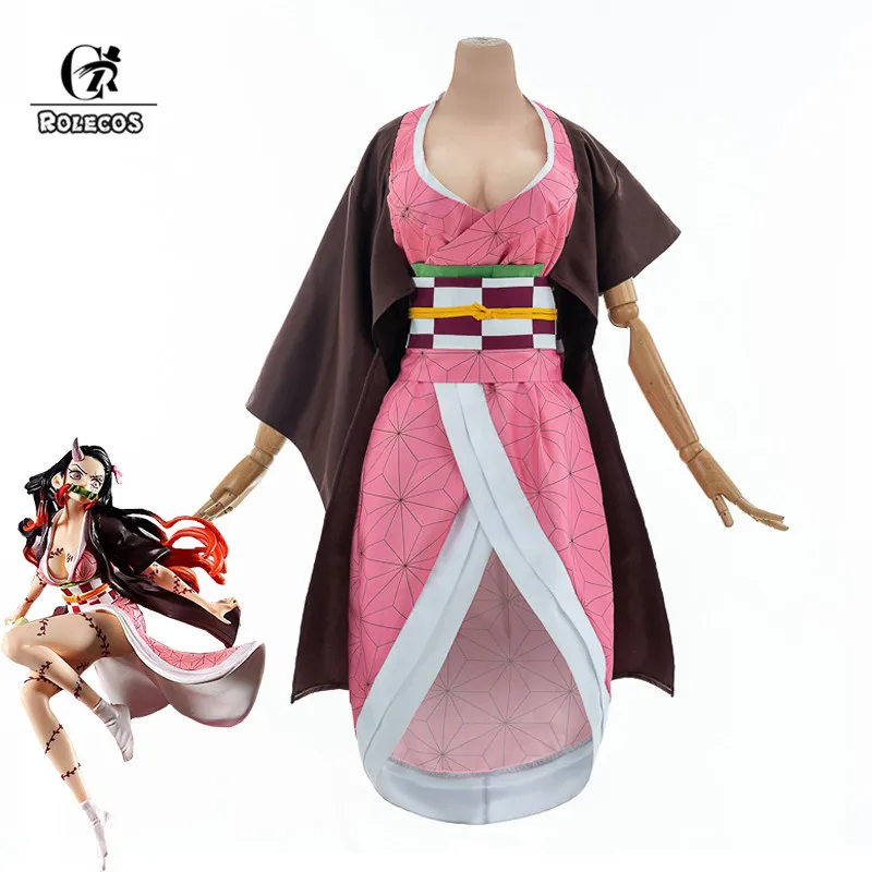 ROLECOS Nezuko Kamado Cosplay Costume Anime Demon Slayer Cosplay Costume Sexy Women Uniform Halloween Dress Full Set With Horn