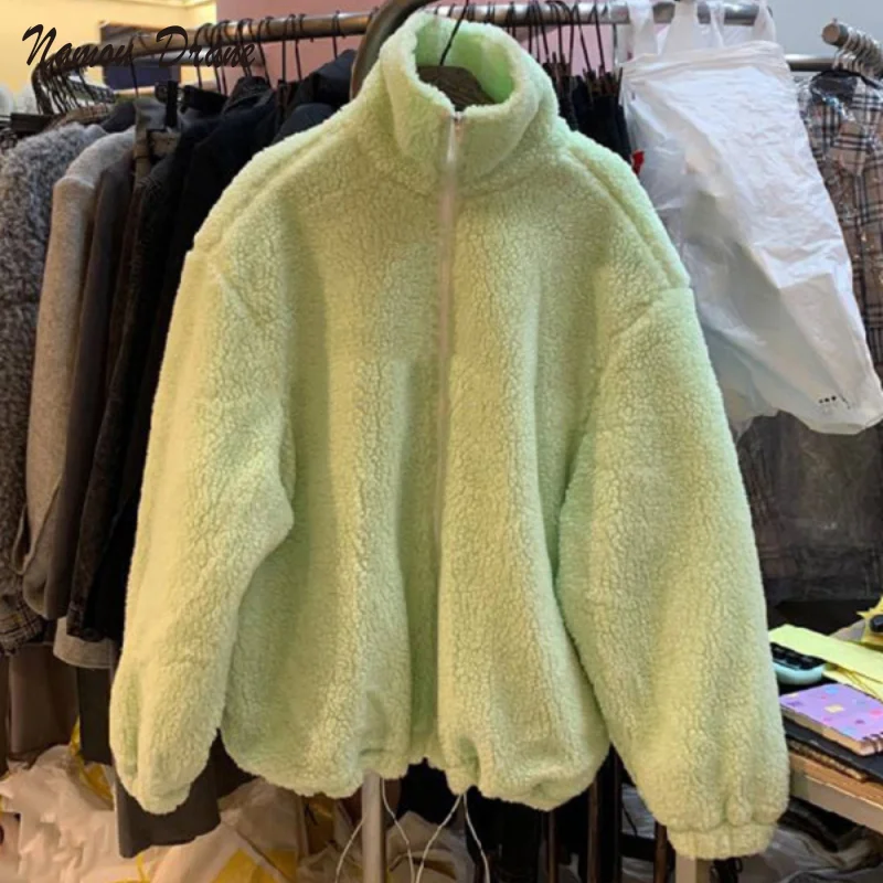 

Lamb Wool Coat Female Autumn and Winter 2021 New Loose and Thin Stand-up Collar Jacket Korean Version of Wild Plush Zipper Top