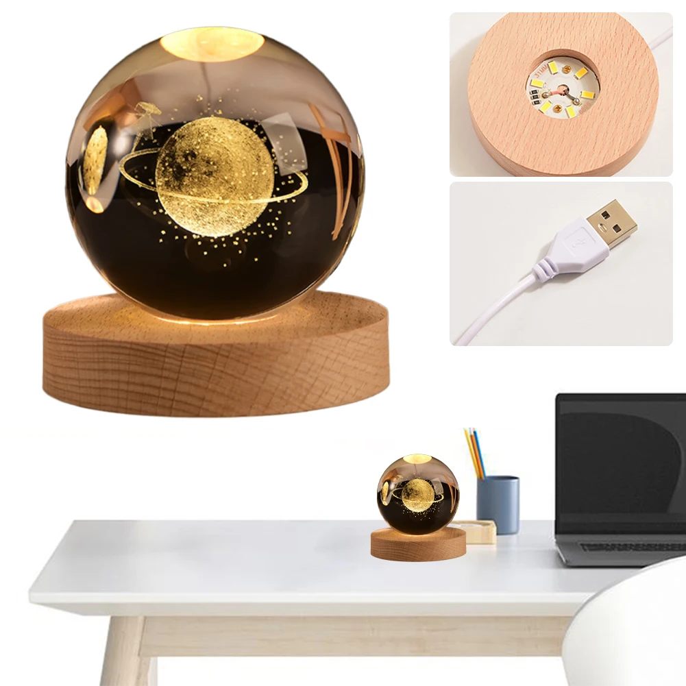 Хрустальный 3D-шар лампа с деревянным основанием ночник