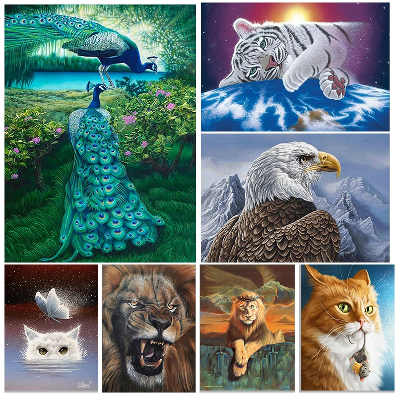 

YOUQU Animal DIY5d Diamond Painting Peacock Cat Mosaic Diamond Embroidery Lion Horse Picture Rhinestone Home Decoration