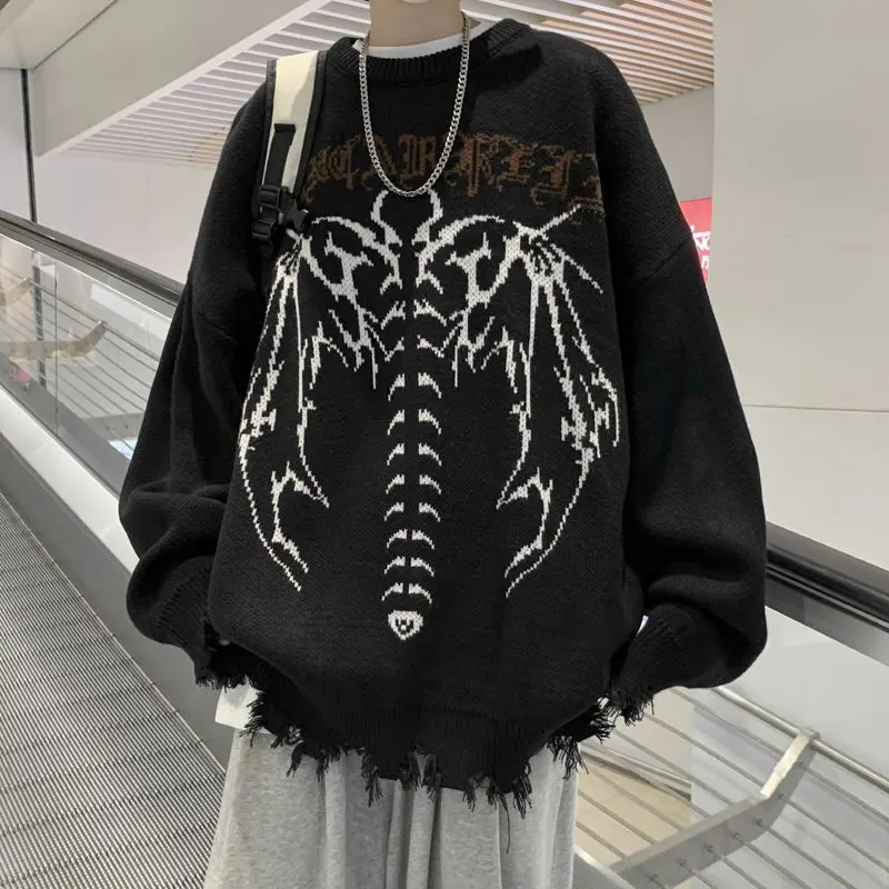 Bat Pullovers Skeleton Sweater Knitted Vintage Torn Essentials Men's Clothing Oversized Skull Jumper Women's Harajuku Gothic