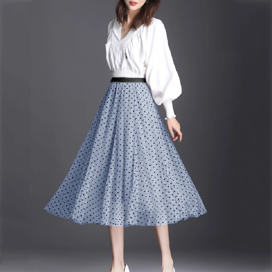 

Party Train Flocking Polka Dot Mesh Skirt Women Summer Mid Length Thin Drape Skirt Super Fairy TuTu Skirt