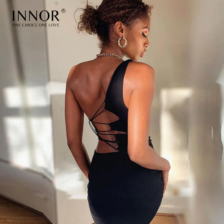 L25 INNOR Бандажное сексуальное женское мини-платье с лямкой на шее боди одно плечо