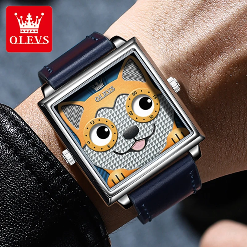 OLEVS Trendy Grate Quality Corium Strap Watch for Men Quartz Waterproof Square Fashion Wristwatch personality Cartoon Dog Watch