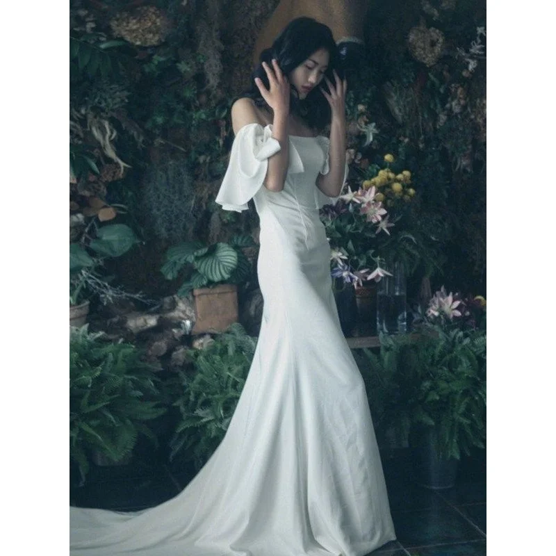 

Dinner formal prom gown French Light wedding Dress Satin off-Shoulder Bride L0777