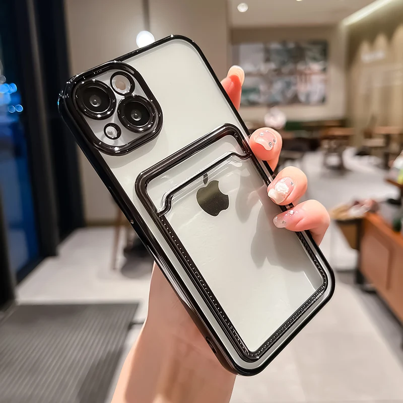 Electroplated Transparent Card Holder Wallet Case For iPhone 13 11 12 14 Pro Max 14 Plus Photo Pocket Shockproof Silicone Cover