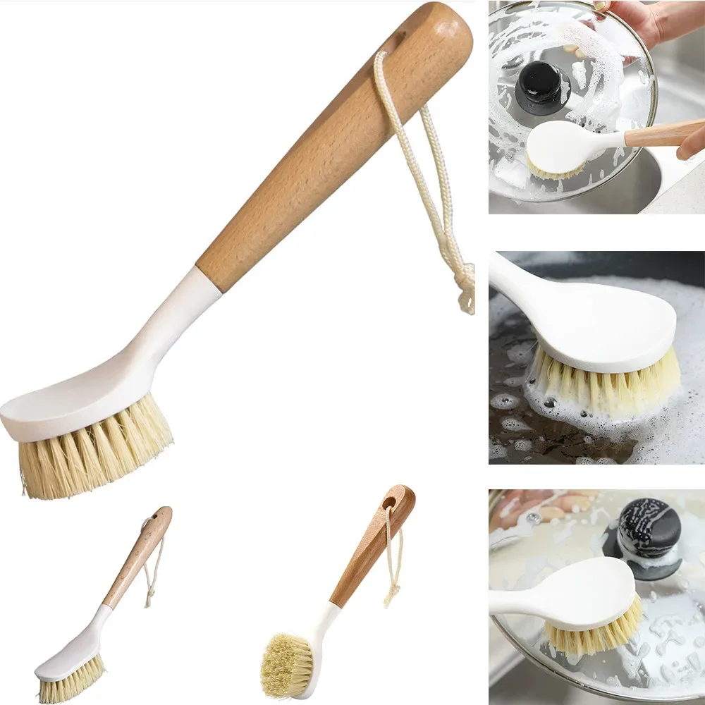 

Practical Wooden Long Handle Pan Pot Brush Dish Bowl Washing Cleaning Brush Hanging Non-stick Oil Kitchen Cleaning Tools