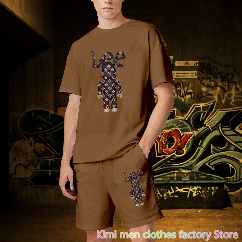 Summer tshirt set Bear printing men Short Outfits set Men Short Sleeve T-shirt Shorts Tracksuit Jogging suit Cotton 2 pieces set
