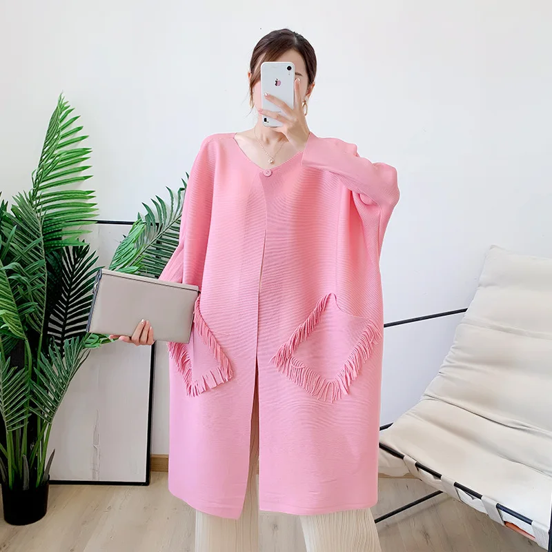 

Женский плиссированный кардиган miyake, тонкая Повседневная Свободная ветровка на одной пуговице, с кисточками, в западном стиле, осень 2022
