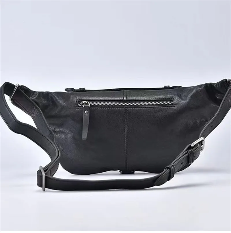 Retro handmade designer top layer cowhide men's black  large chest bag simple casual cellphone soft cowhide youth messenger bag