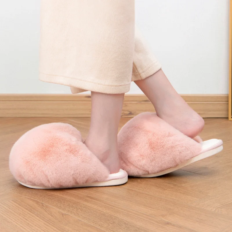 Women Winter Furry  Slippers Cute Faux Fur Fuzzy Big Fluffy Slides Bedroom Soft Anti-Slip Sole Warm Plush Shoes Chaussure House