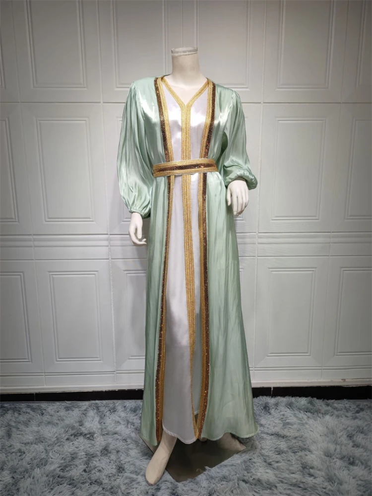 

Марокканское платье Caftan роскошный 2023 шелковый атлас элегантный рукав-фонарик 3 шт. платье со стразами Abaya комплекты для мусульман платья для женщин