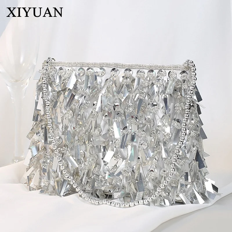

Rhinestone Evening Bag Fancy Chain Party Clutch Purses Silver Luxury Designer Women's Handbag Mini Square Tassel Bags