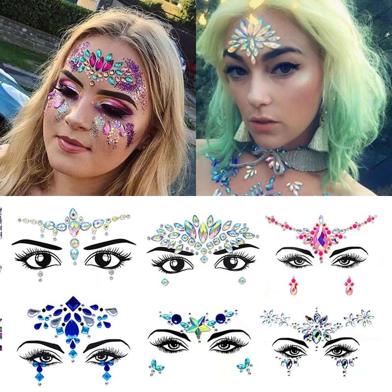 

3D Shiny Crystal Face Sticker Tattoo Bar Music Festival Rhinestone Tattoo Sticker Carnival Party Face Jewels Festival Decor