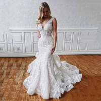 sexy lace mermaid wedding dress robe de mariee backless deep v neck tiered bridal gowns 2022 modern design