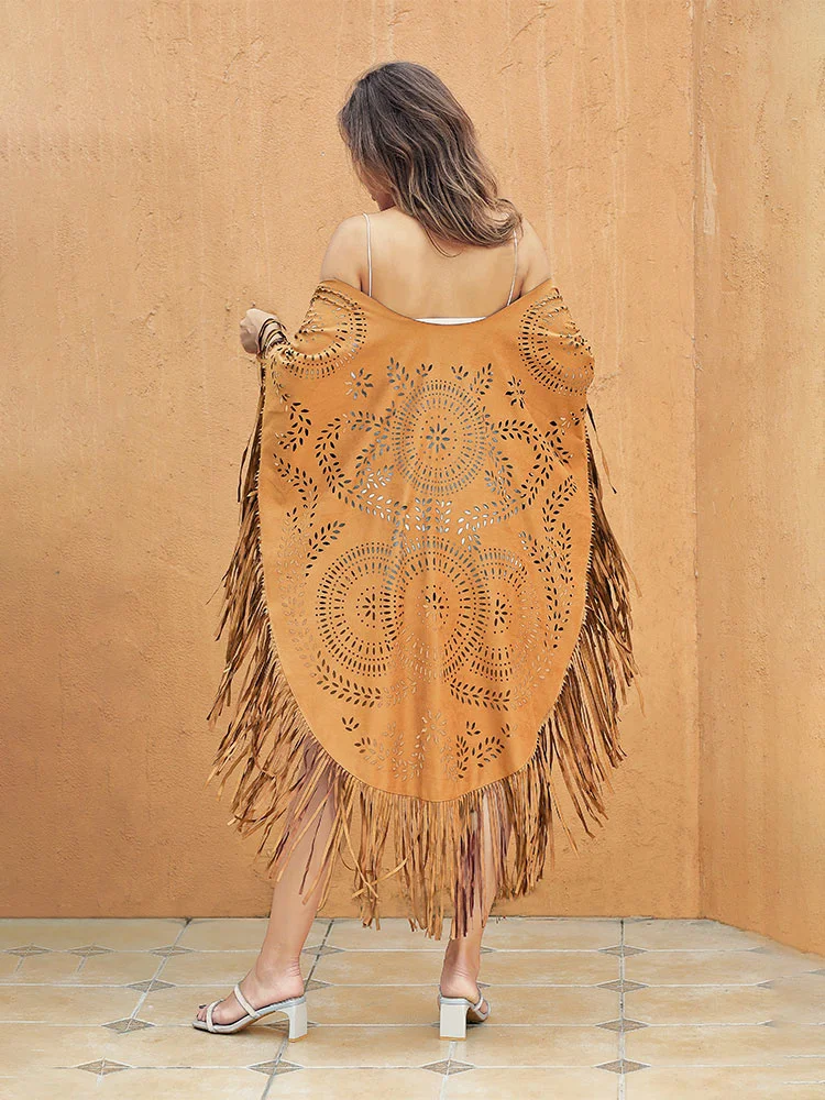 

Sexy Beach Cover Up Summer Camel Suede Floral Hollow Out Fringed Bikini Cover-ups Vintage Women Beachwear Kimono Cardigan A918