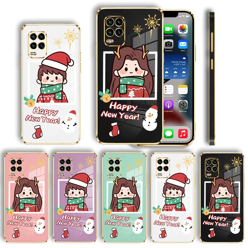 

Luxury Plating Case For Xiaomi POCO X3 X4 NFC M3 M4 Pro F3 F4 GT for Mi 11 11T 10T 10 8 9 Merry Christmas Happy Couple Snowman