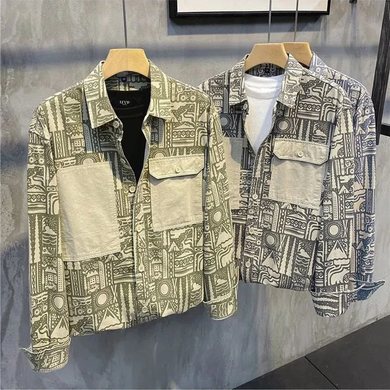 

2024 Personalized Tide Brand Retro Print Shirt Jacket Full of Wittering New Men's Autumn Top Worker Packing Long Sleeve
