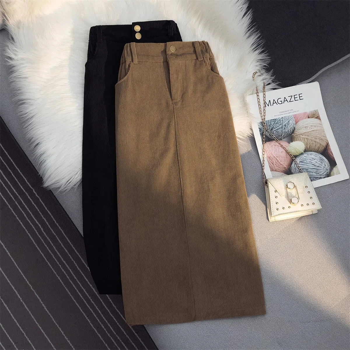 

Corduroy Skirts For Women Autumn Winter Elastic High Waist A-line Skirts Office Ladies Thick Vintage Midi Package Hips Skirt