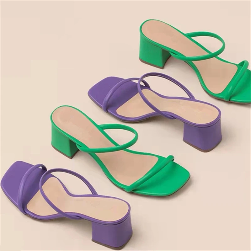 

New 2022 Trend Women Solid Color Square Toe Sandals Slip On Elegant Middle Block Heels Two-Bar Slingback Shoes Fashion Mules