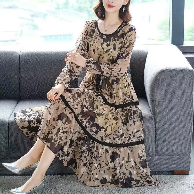 Korean Clothing 2023 Spring Autumn New Chiffon Printing Loose Flower Long Dress O-neck Fashion Spliced Dresses for Women K43