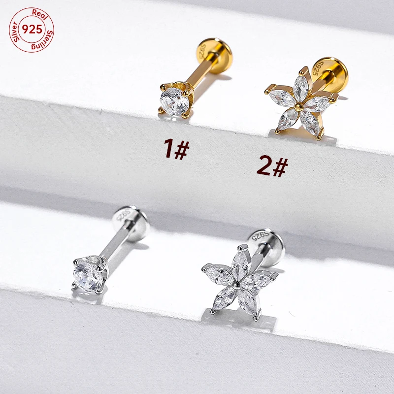 

1PC 925 Sterling Silver Piercing Labret Studs 16G Internal Thread CZ Helix Conch Cartilage Tragus Lip Stud Earrings