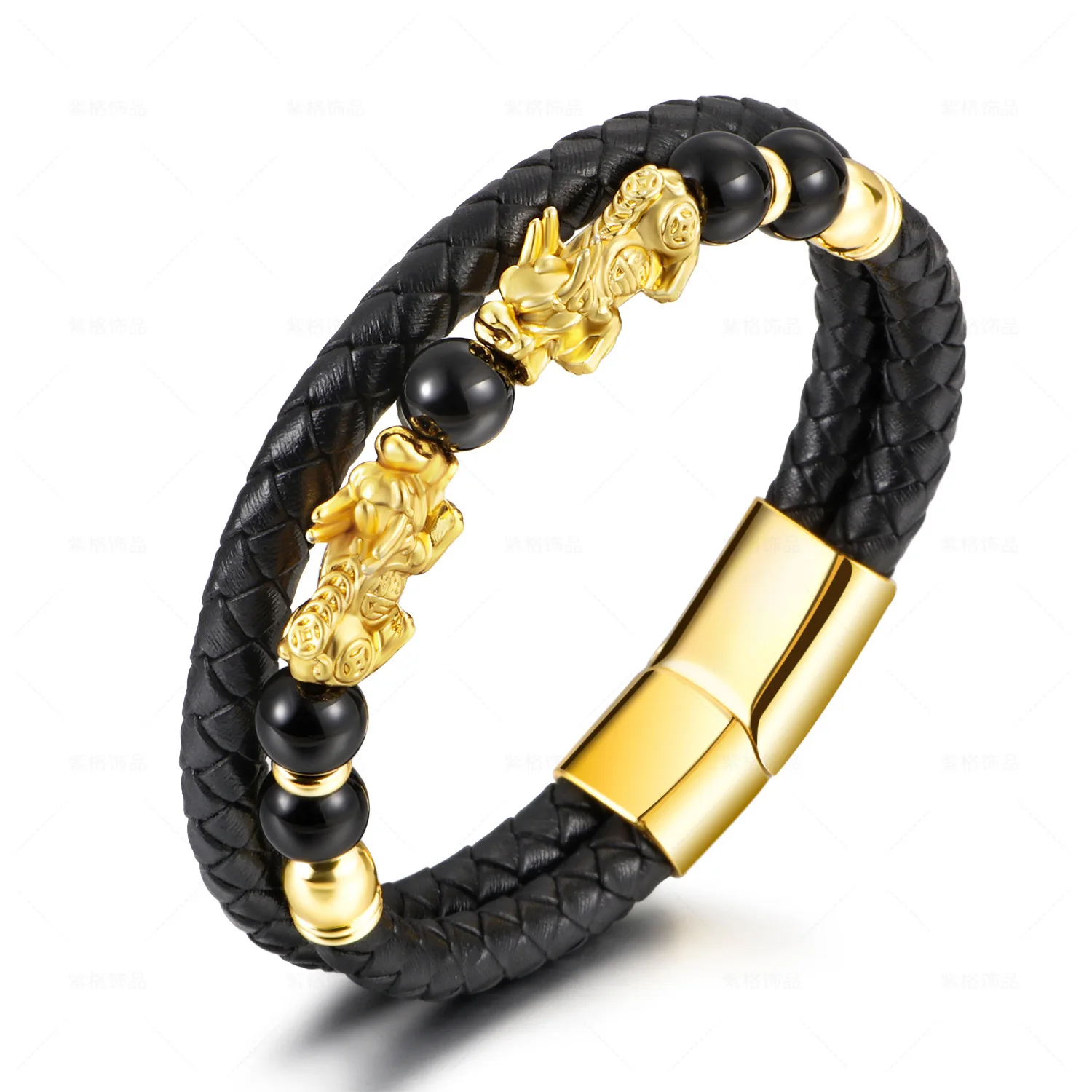 

Women's Bracelet on Hand Chinese Style Cowhide Beaded Stainless Steel Beast Bracelet Men's Personality Bracelet Couple Bracelets