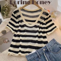 boring honey assorted colors stripe hollow out short crop tops knitted thin elasticity be all match short sleeves t shirts women