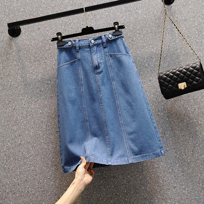 

COIGARSAM Women Denim Skirt Spring New Casual Loose Solid Elastic Waist Dark Blue Skirts Dropshipping