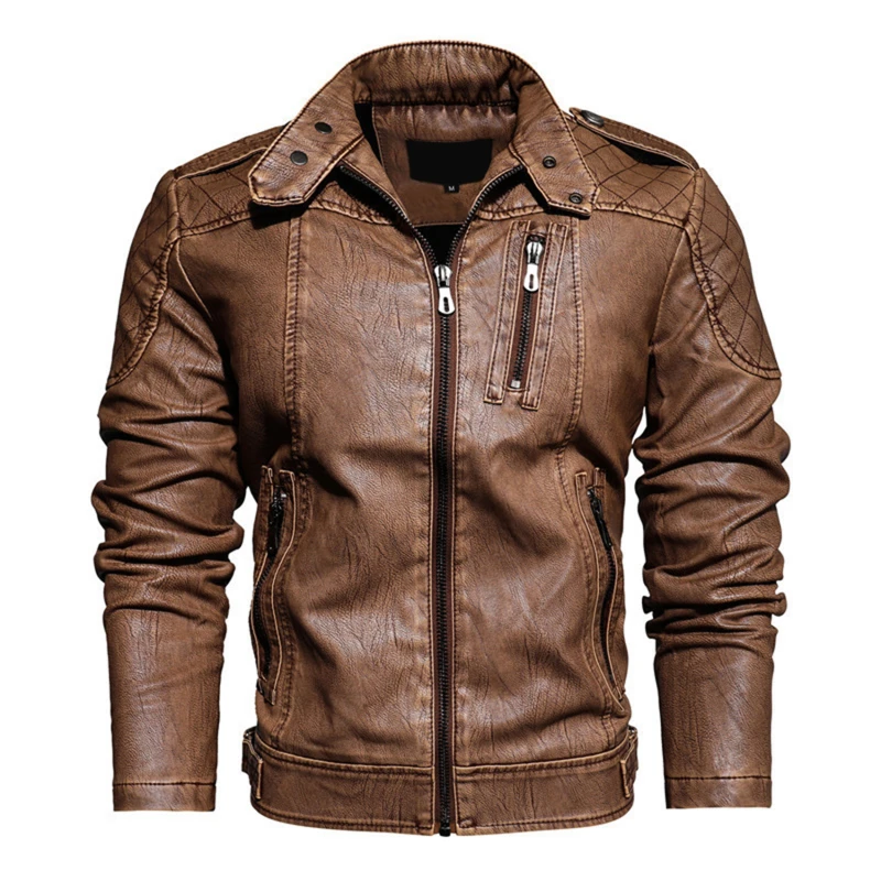 

2021 Mens Motorcycle Jacket Autumn Winter Men New Faux PU Leather Jackets Casual Embroidery Biker Coat Zipper Fleece Jacket