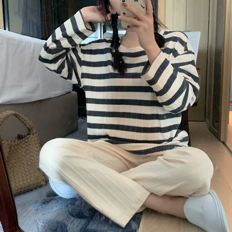 Ins Loose Spring Autumn Pajamas Set Ladies Long Sleeve Pant Suit Student Home Wear Clothes Cotton Women Sleepwear Pijamas Mujer