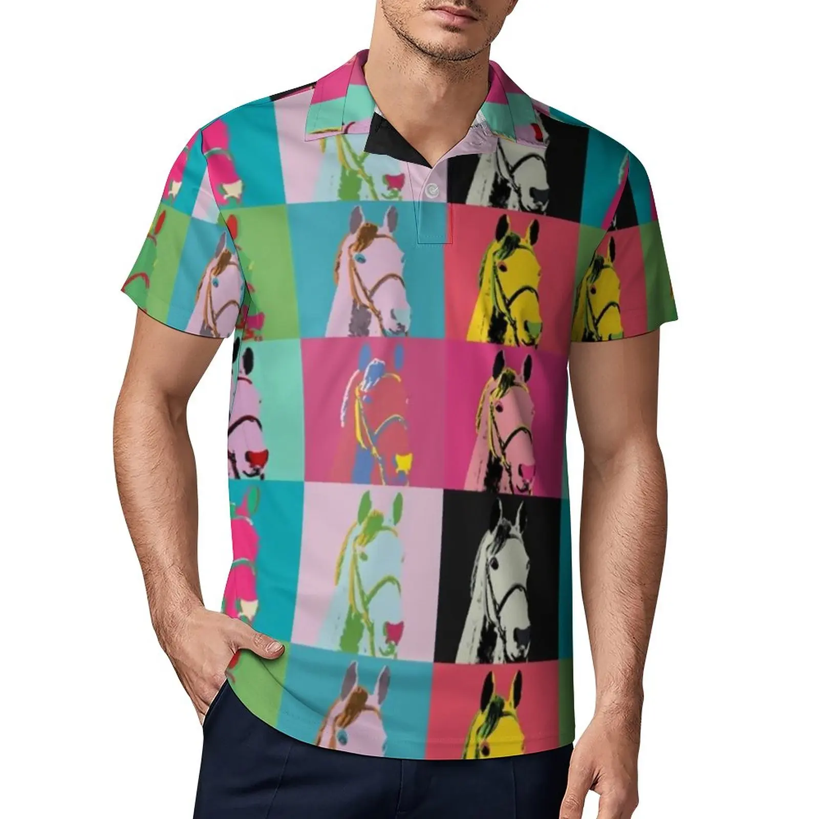 

Красочные художественные повседневные рубашки-поло с рисунком лошадей, женские футболки для гонок с секретными лошадьми, рубашка с коротки...