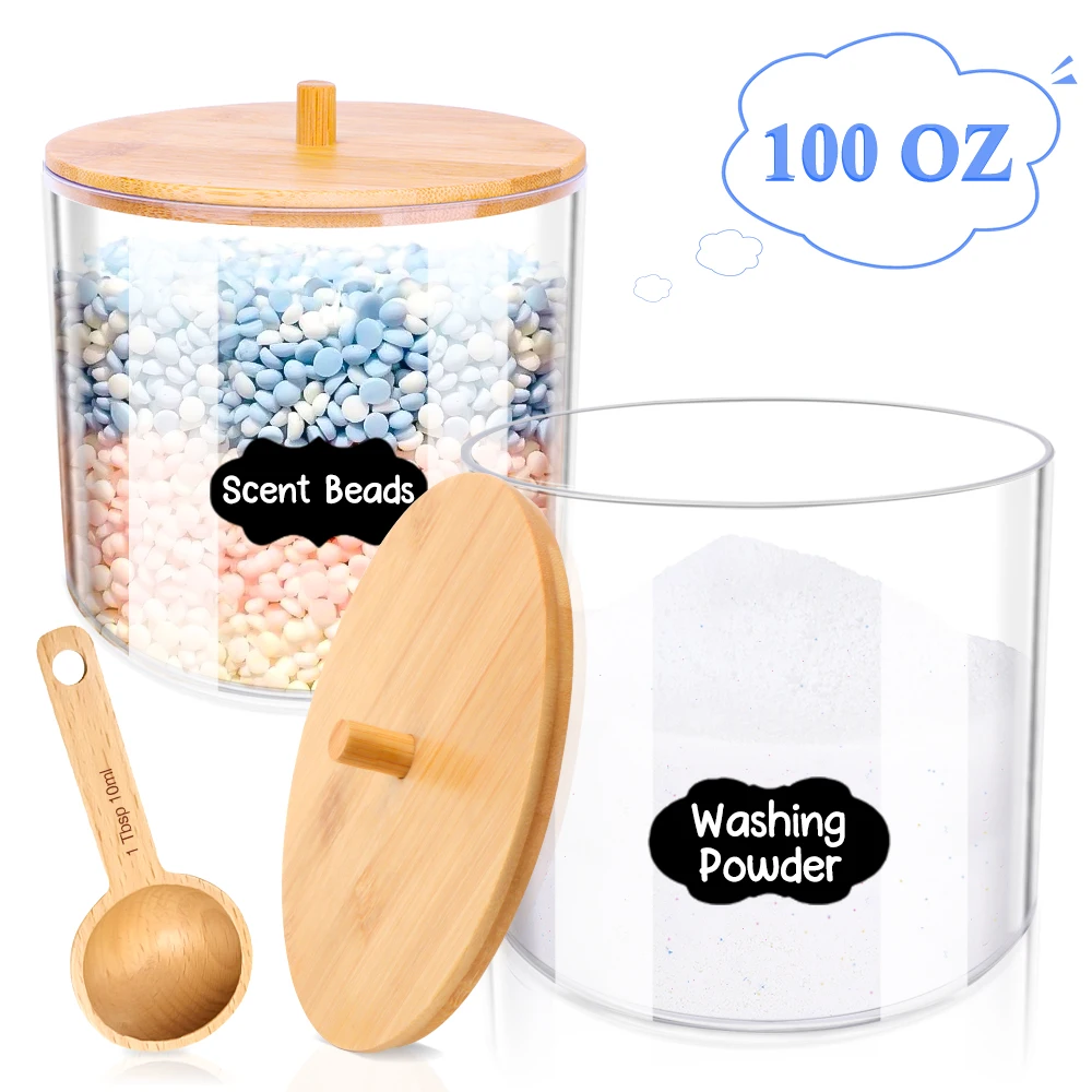 

100OZ Acrylic Storage Box with Bamboo Lid Scoop Laundry Detergent Container Laundry pods Scent Beads Organizer Boxes