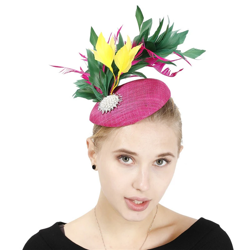 

Linen Fascinator Sinamay Wedding Mesh Feathers Millinery Hat Hot Pink Female Accessories Elegant Cocktail Headpiece High Quality