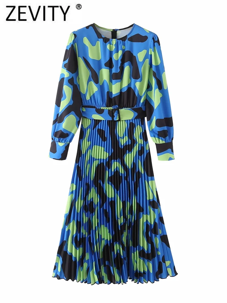 

Zevity Women Vintage O Neck Graffiti Print Buckle Sashes Pleated Midi Dress Office Lady Chic Long Sleeve Casual Vestidos DS2975