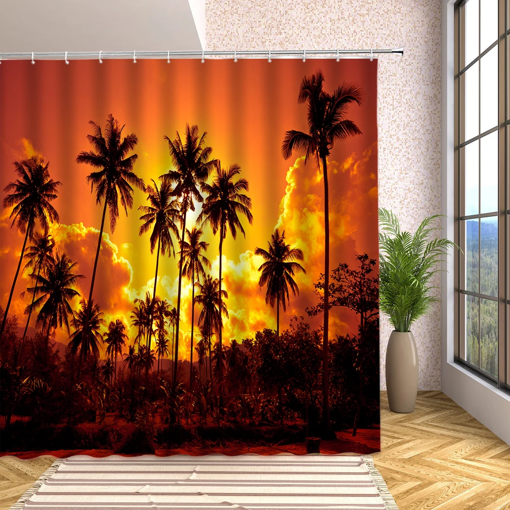 

Tropical Sunset Palm Tree Shower Curtain Beach Orange Sunsets Nature Scenery Waterproof Bath Screen Bathroom Decor with Hooks