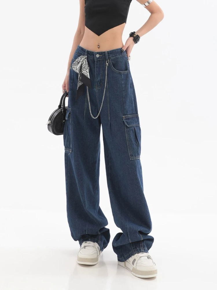ADAgirl High Waisted Jeans Women Streetwear Vintage Baggy Multi-pocket Blue Wide Leg Cargo Pants Y2k Casual Mujer Denim Trousers