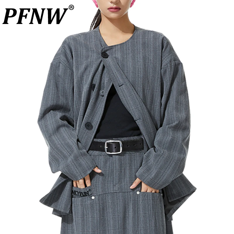 

Пиджак PFNW мужской в клетку, винтажный блейзер с круглым вырезом, нишевая Повседневная модная уличная одежда, свободный костюм с карманами, ...