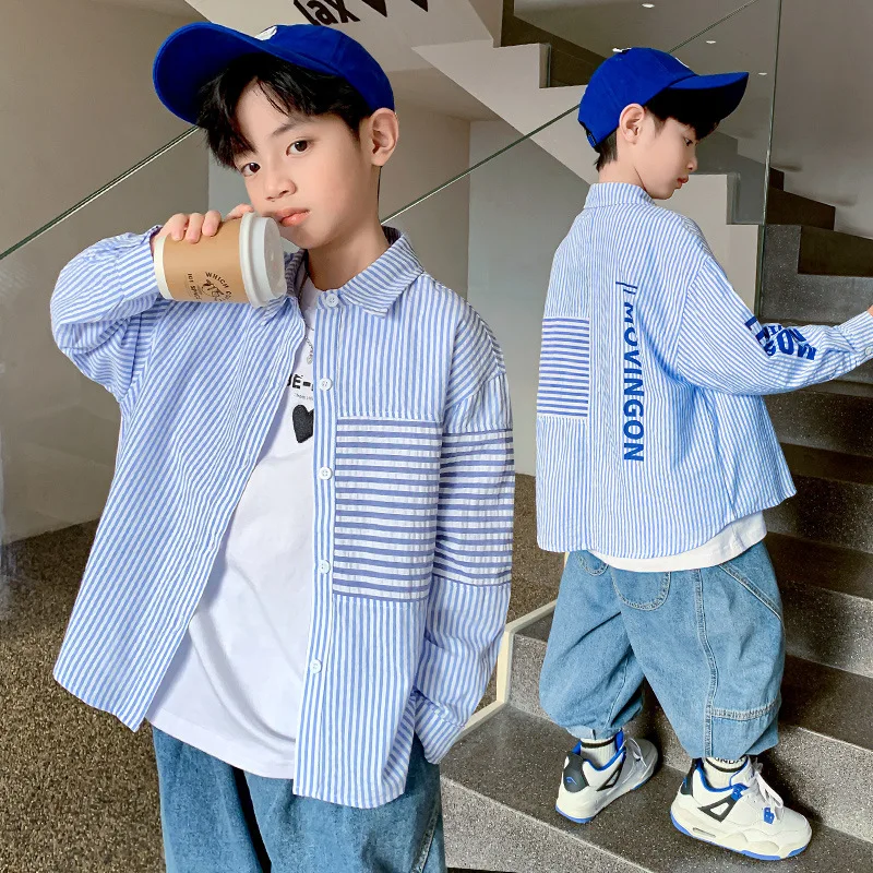 Рубашка хлопковая с длинным рукавом для мальчиков 4-15 лет | Блузки и рубашки