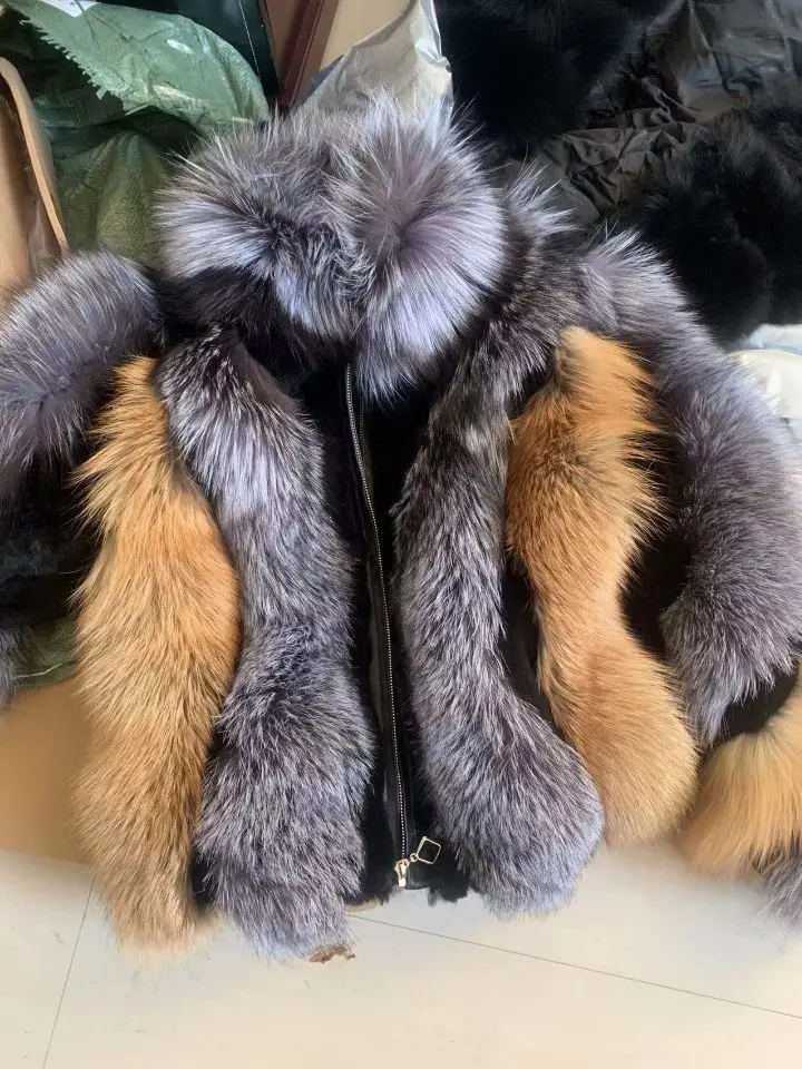 Winter Women Real Fur Coat Silver Fox Fur Jacket Full Pelt Genuine Fur Overcoat Luxury Brand Quality Stand collar enlarge