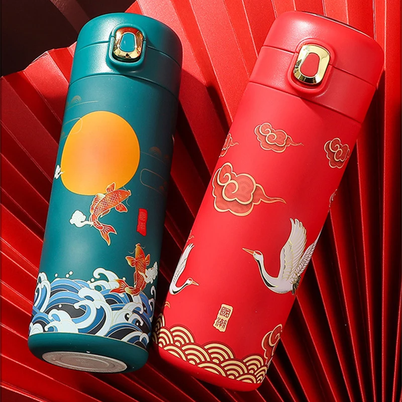 

Insulated Vacuum Flask New Portable Tumbler Chinese Style Water Bottle 450ml Thermos Cup Temperature Display Coffee Thermal Mug