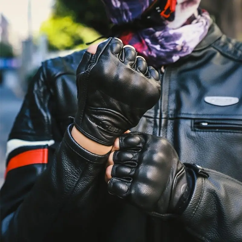 

Мотоциклетные перчатки из козьей кожи, черные винтажные мото перчатки на половину пальцев, летние ретро мужские и женские перчатки мотоциклиста без пальцев