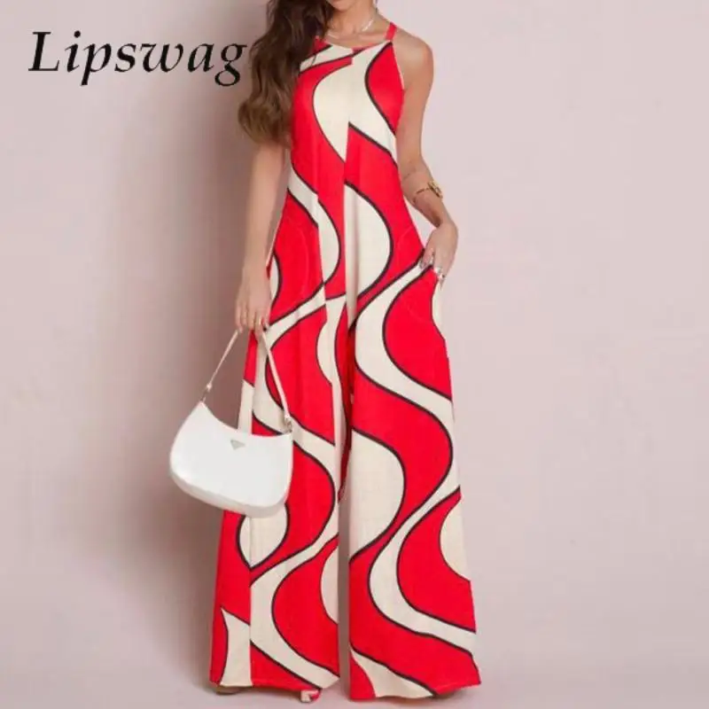 

2023 Fashion Wave Geometry Print Loose Jumpsuit Casual Wide Leg Romper Women Summer Sleeveless Hollow Out Strap Playsuit Overall
