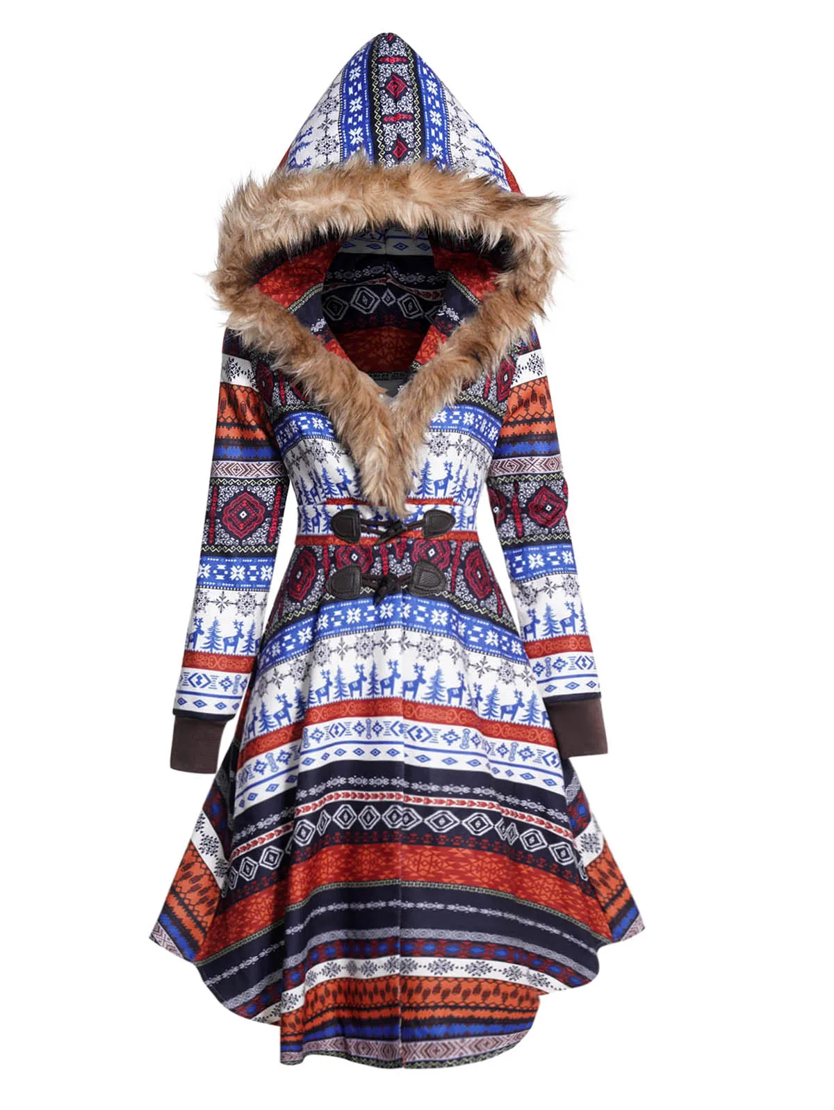 

Allover Tribal Flower Geometric Pattern Elk Print Asymmetric Faux Fur Hood Longline Dress For Female