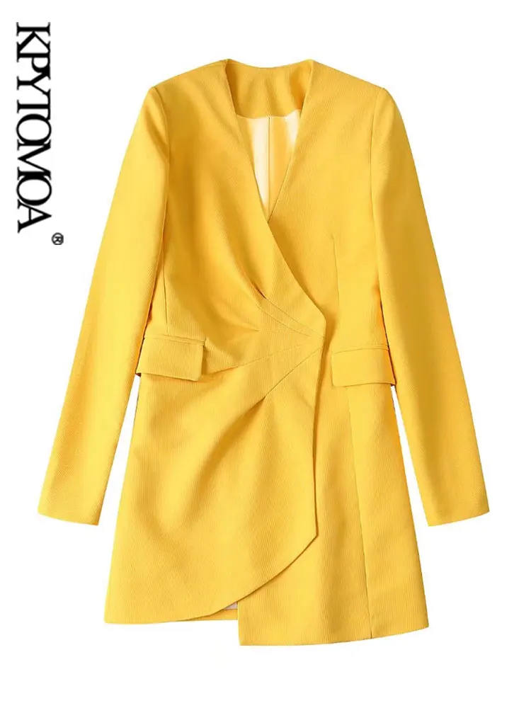 

KPYTOMOA Women Fashion With Hidden Buttons Draped Asymmetric Mini Dress Vintage Long Sleeve Flap Pockets Female Dresses Mujer