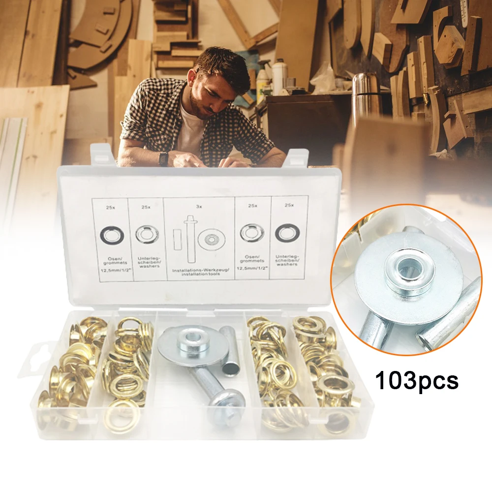 

Newest 103PCS Gromment Kit withTool with Storage Box Multipurpose Grommets Eyelets Metal Buckle Tarp Repair Kit